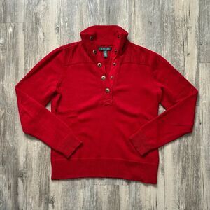 Lauren Ralph Lauren Red Knit Mock Neck Sweater Brass Toned Buttons Size M